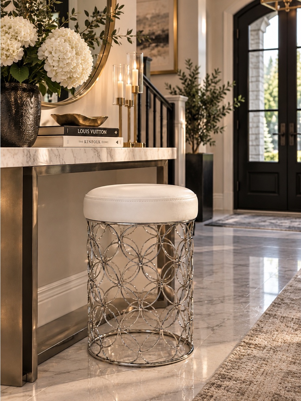 ✨ BRAND NEW Glam Vanity / Accent Stool – Chrome & Cream
